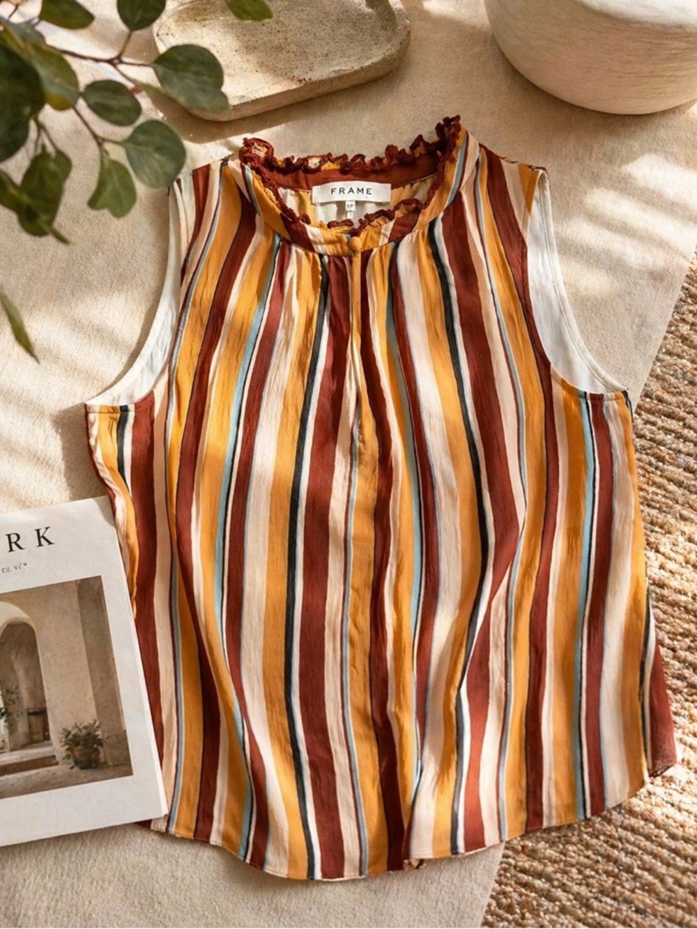 FRAME Silk Sunrise Multi Stripe Sleeveless Blouse Ruffle Neck Small